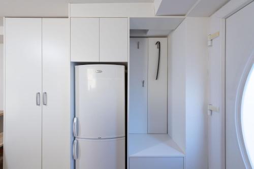 a refrigerator in a kitchen with white cabinets at Poli in Šmarje-Sap