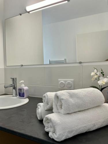 a bathroom with a sink and towels on a counter at EKR Résidence - Terrasse Privée 2 in Carbon-Blanc