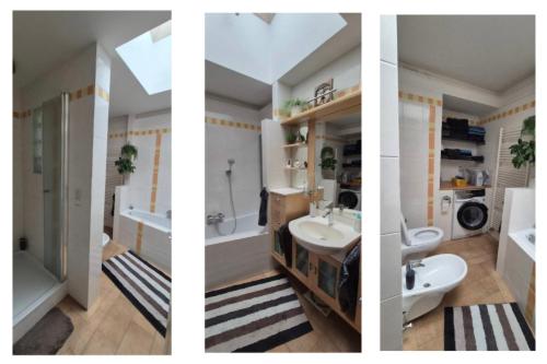 two pictures of a bathroom with a sink and a toilet at Gästezimmer Hönow bei Berlin in Hoppegarten