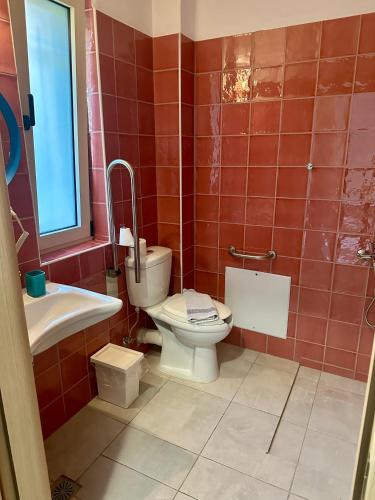 a bathroom with a toilet and a sink at Glikis ear apartments in Gliki