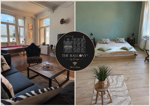a living room with a bed and a room with a sign at Balcony by Giorgi - Centre de Bastogne in Bastogne