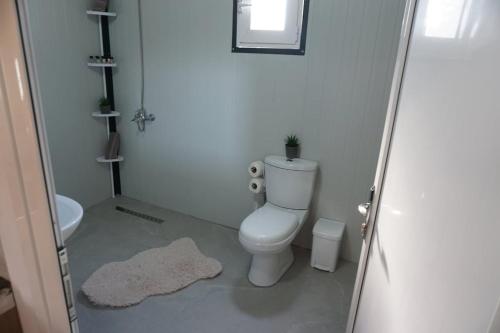 a white bathroom with a toilet and a mirror at Swimming Pool - Leko House Perondi in Kuçovë