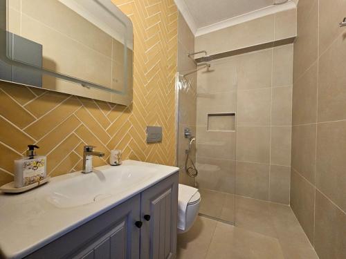 a bathroom with a sink and a toilet and a shower at Private Pool Villa with Jacuzzi & Garden in Girdev