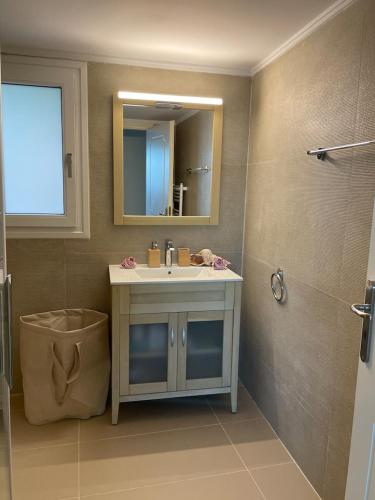 a bathroom with a sink and a mirror and a shower at Oleander Villa in Rafina