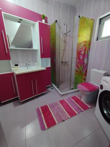 a bathroom with a shower and a sink and a toilet at Summer Beach House in Ulcinj
