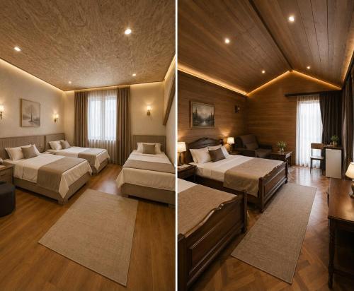 two photos of a hotel room with two beds and a living room at Syuzn Resort in Goris