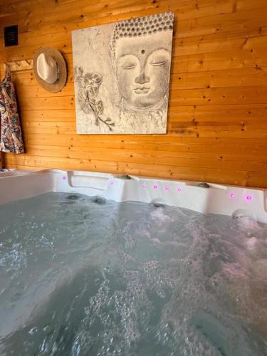 a bath tub with a statue of a head on the wall at La maison de la Cigale in Forcalqueiret