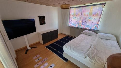 a bedroom with a bed and a flat screen tv at Casa del Amor in Hyldtofte