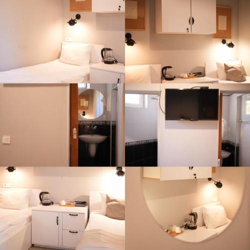 a collage of photos of a room with a bed and a tv at Hotel Ticiani 15 in Kutaisi