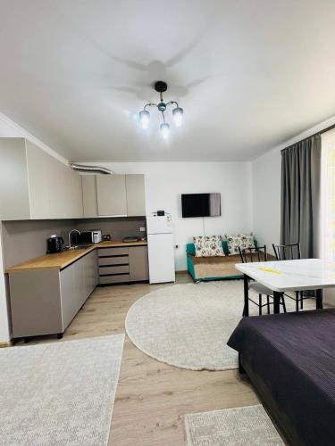 a kitchen and a living room with a table at Raduga West Balor in Koshkolʼ
