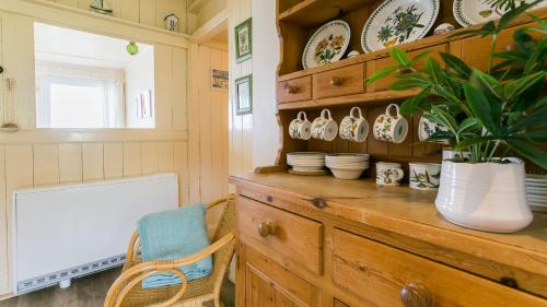 a room with a wooden dresser with a plant on it at Beach Bungalow in Nefyn