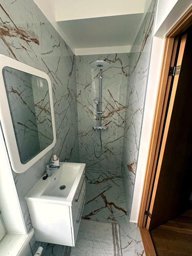 a bathroom with a sink and a mirror at Cathedral Apartment Tartu in Tartu
