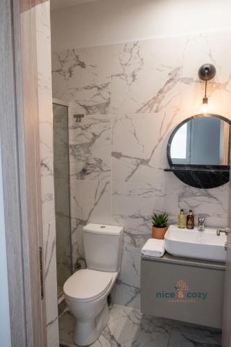 a bathroom with a toilet and a sink and a mirror at Nice and Cozy Apartments in Néa Khilí