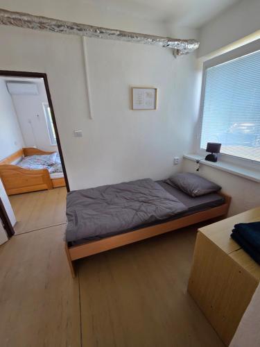 a bedroom with a bed in a room with a mirror at SALEM apartmany in Radava