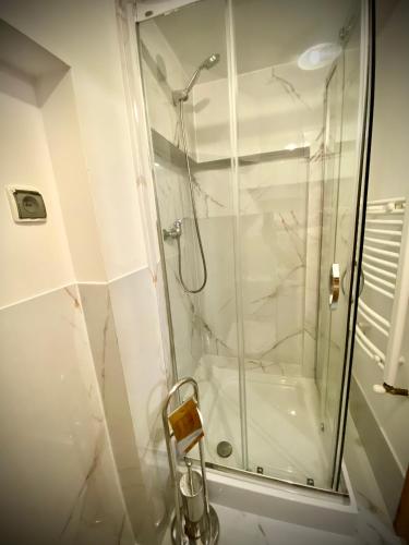 a shower with a glass door in a bathroom at Jodła i Modrzew Apartament przy Parku i Termach w centrum Uzdrowiska in Jelenia Góra