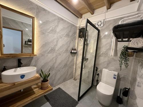 a bathroom with a sink and a toilet and a mirror at Arcadia villas Arugambay in Arugam Bay
