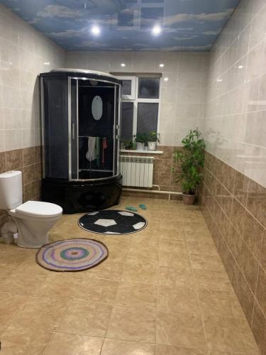 a bathroom with a toilet and a shower in a room at Panorama in Karakol