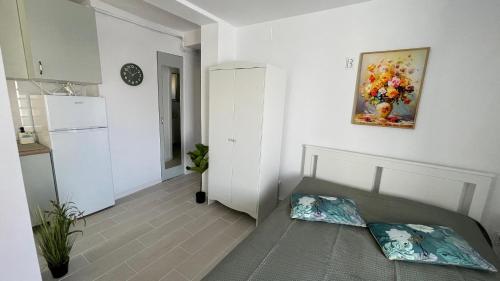 a living room with a couch and a refrigerator at Studio Rodica in Zalău
