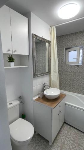 a bathroom with a white toilet and a sink at Studio Rodica in Zalău