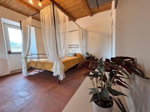 a bedroom with a canopy bed with a window at Casa Guidi in Santa Sofia