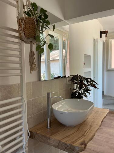 a bathroom with a large bowl sink on a wooden table at Casa Guidi in Santa Sofia