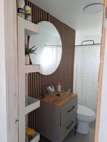 a bathroom with a sink and a mirror and a toilet at Tu rinconcito entre cerros in Requínoa