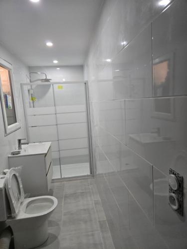 a white bathroom with a shower and a toilet at Yamna in Perpignan