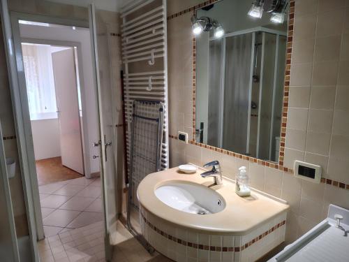 a bathroom with a sink and a mirror at la casa rosa in Breguzzo