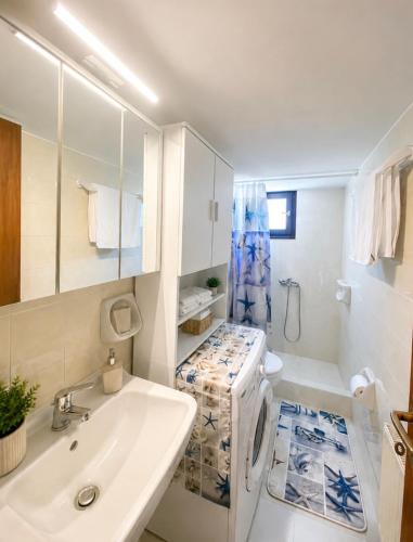 a bathroom with a sink and a washing machine at Casa di Ricci Paros in Dhragoulás