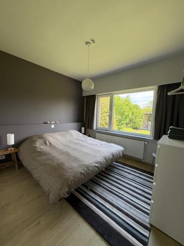 a bedroom with a large bed and a window at De 50 Steenbrugge in Oostkamp