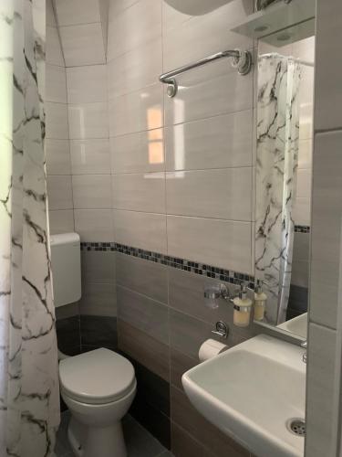 a bathroom with a white toilet and a sink at Čanj apartmani in Čanj