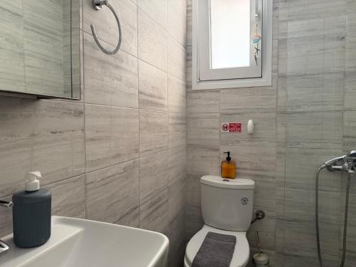 a bathroom with a toilet and a sink and a window at Lemon Tree Apartment in Chios