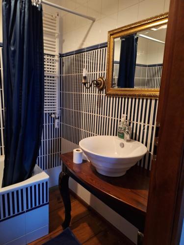 a bathroom with a sink and a mirror at Agroturystyka Folwark in Leszno