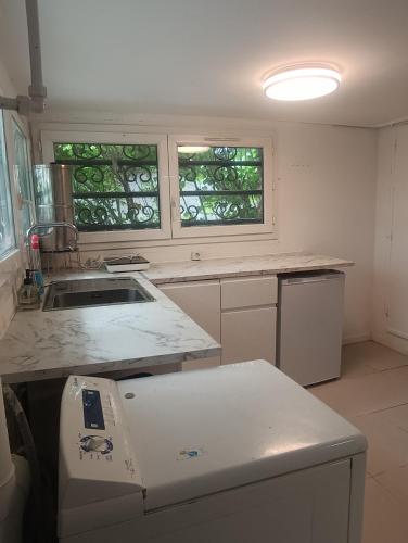 a kitchen with a white counter top and two windows at Maison du Bonheur Chelles in Chelles