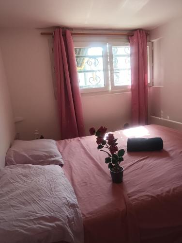 a bedroom with a bed with a potted plant on it at Maison du Bonheur Chelles in Chelles