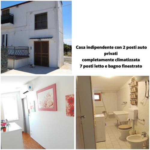 two pictures of a bathroom with a toilet and a building at Casa Climatizzata Marina di Pisticci-Marconia in Marconia