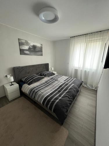 a bedroom with a large bed and a window at Ferienwohnung zum Kriegerdenkmal in Alzey