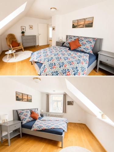 two pictures of a bedroom with a bed in a room at Ferienhaus an der Lohheide in Walsrode