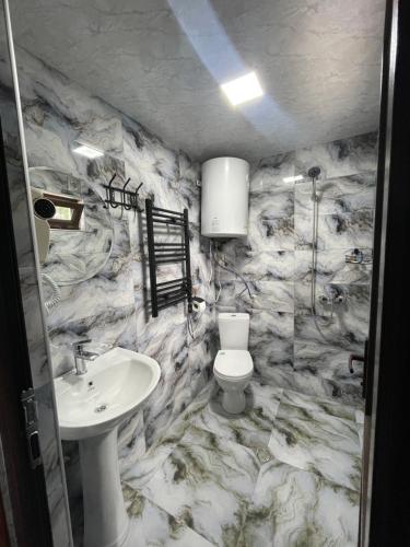 a bathroom with a toilet and a sink at Muros Guesthouse in Mestia