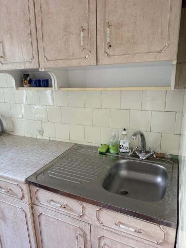 a kitchen counter with a sink in a kitchen at Apkalna Retro Apartment in Ventspils
