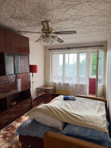 a bedroom with a bed and a ceiling fan at Apkalna Retro Apartment in Ventspils