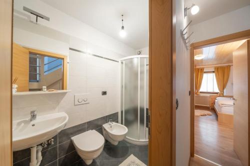 a bathroom with a shower and a sink and a toilet at Césa Marta in Canazei