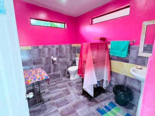 a pink bathroom with a toilet and a sink at CHEZ ALIZHIA in Nuku Hiva