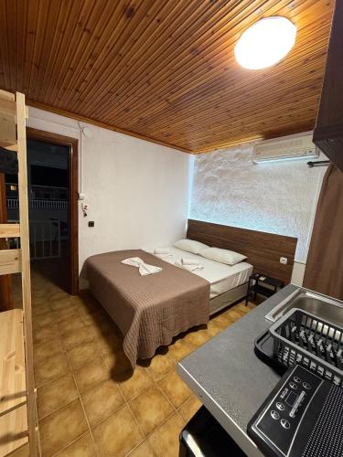 a small room with a bed and a kitchen at Kiki by the sea Villa in Paralia Katerinis