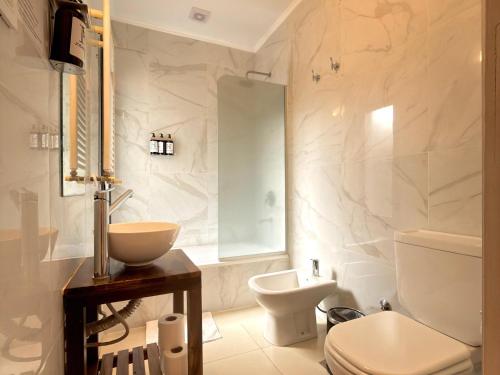 a white bathroom with a toilet and a sink at HYN Hotel Boutique in General Belgrano