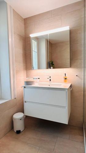 a bathroom with a white sink and a mirror at 130sqm Duplex with AirC - Gratis Parking - Familie Freunde - See und Jura in Biel