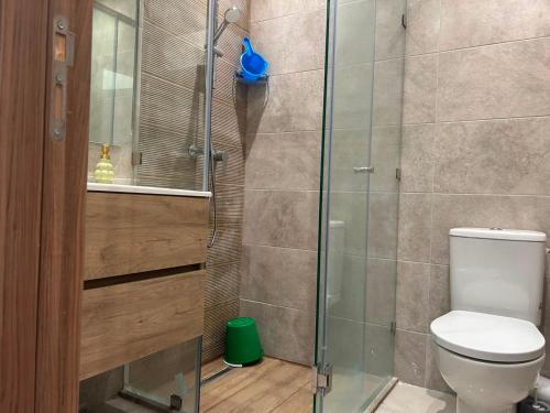 a bathroom with a toilet and a glass shower at Escapade à Sidi Rahal in Sidi Rahal
