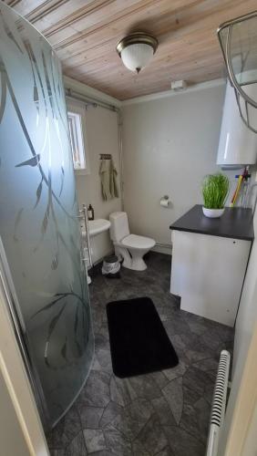 a bathroom with a tub and a toilet and a sink at Semesterbostad Viksberg in Avesta