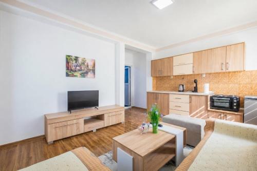 a living room with a couch and a tv at Markovi A&V in Gevgelija
