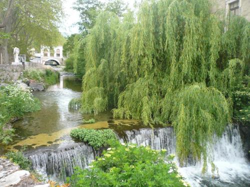 a waterfall in a garden with a river and trees at Le Cocon des pierres du Jaur in Saint-Pons-de-Thomières